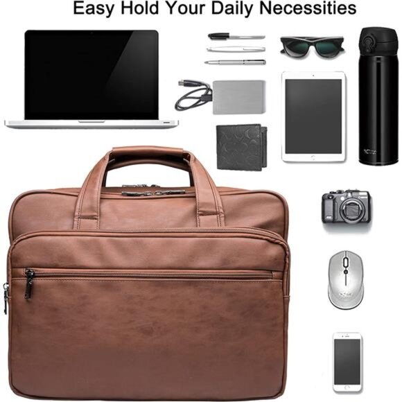 Leather Laptop Bag, Men's 15.6 Inches Messenger Briefcase Satchel - Picture 3 of 7
